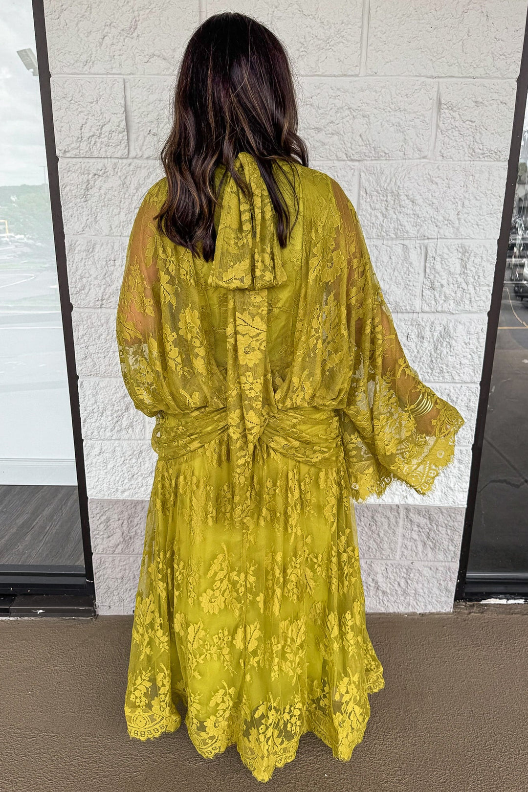 solid light green floral print lace drape sleeve gathered waist maxi dress with back tie detail