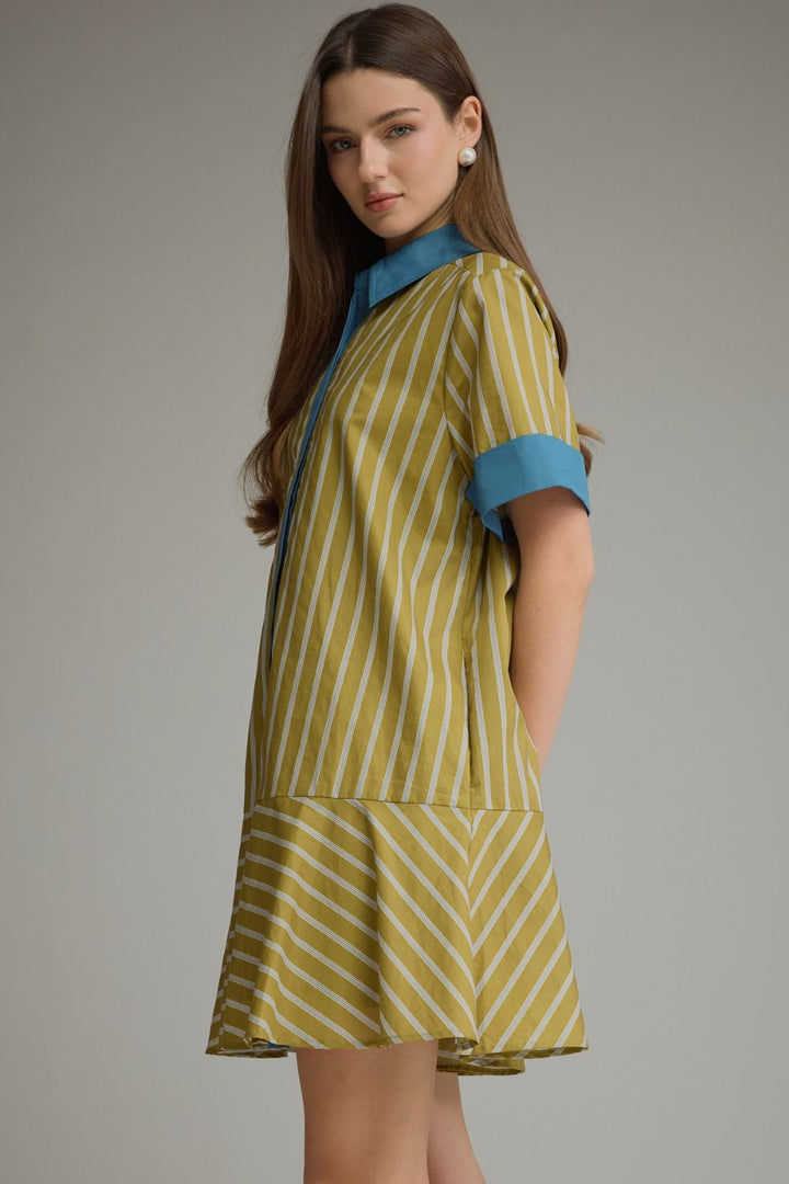 Entro light olive and blue striped button front dress with blue striped trim