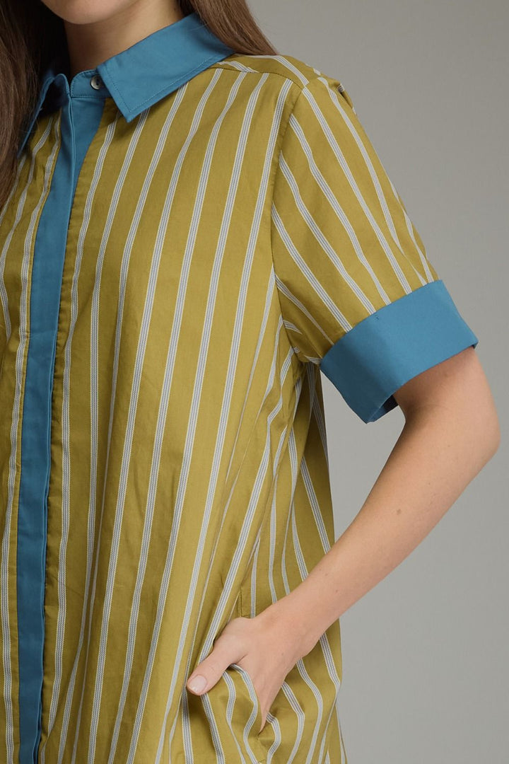 Entro light olive and blue striped button front dress with short sleeves