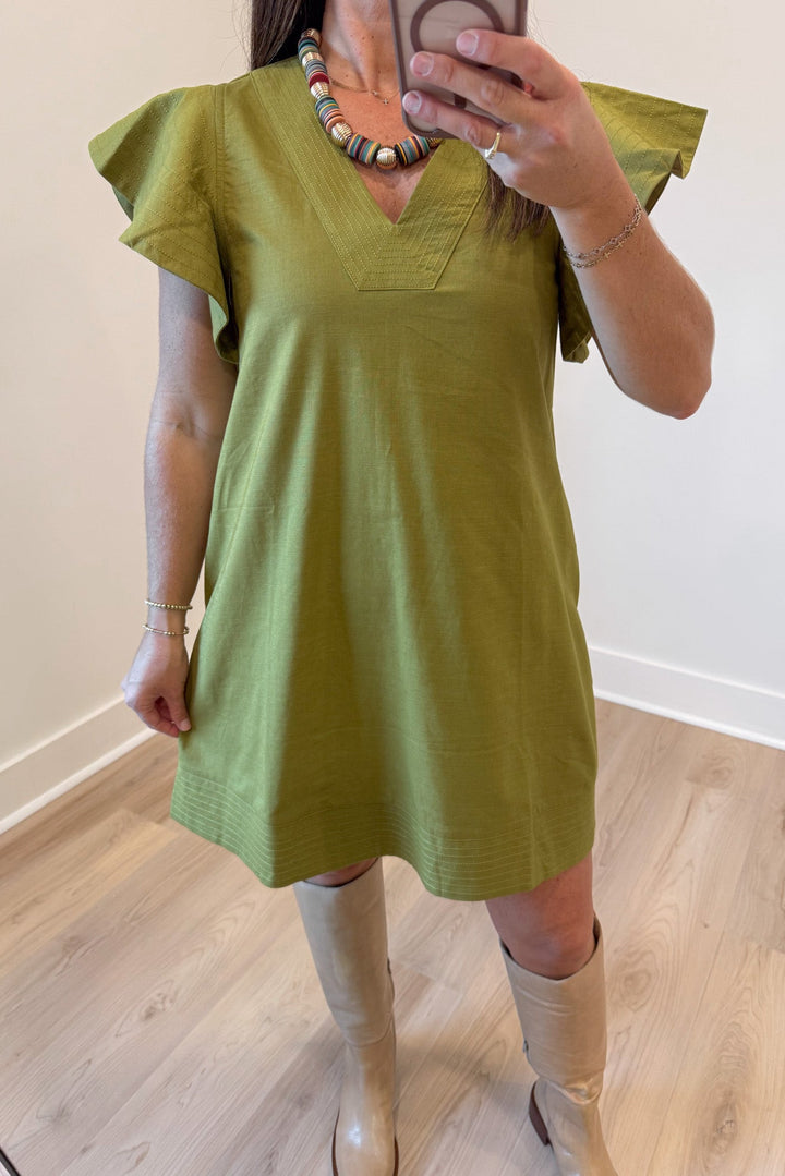 solid light olive green v neckline short flutter sleeve relaxed fit short dress with stitching details