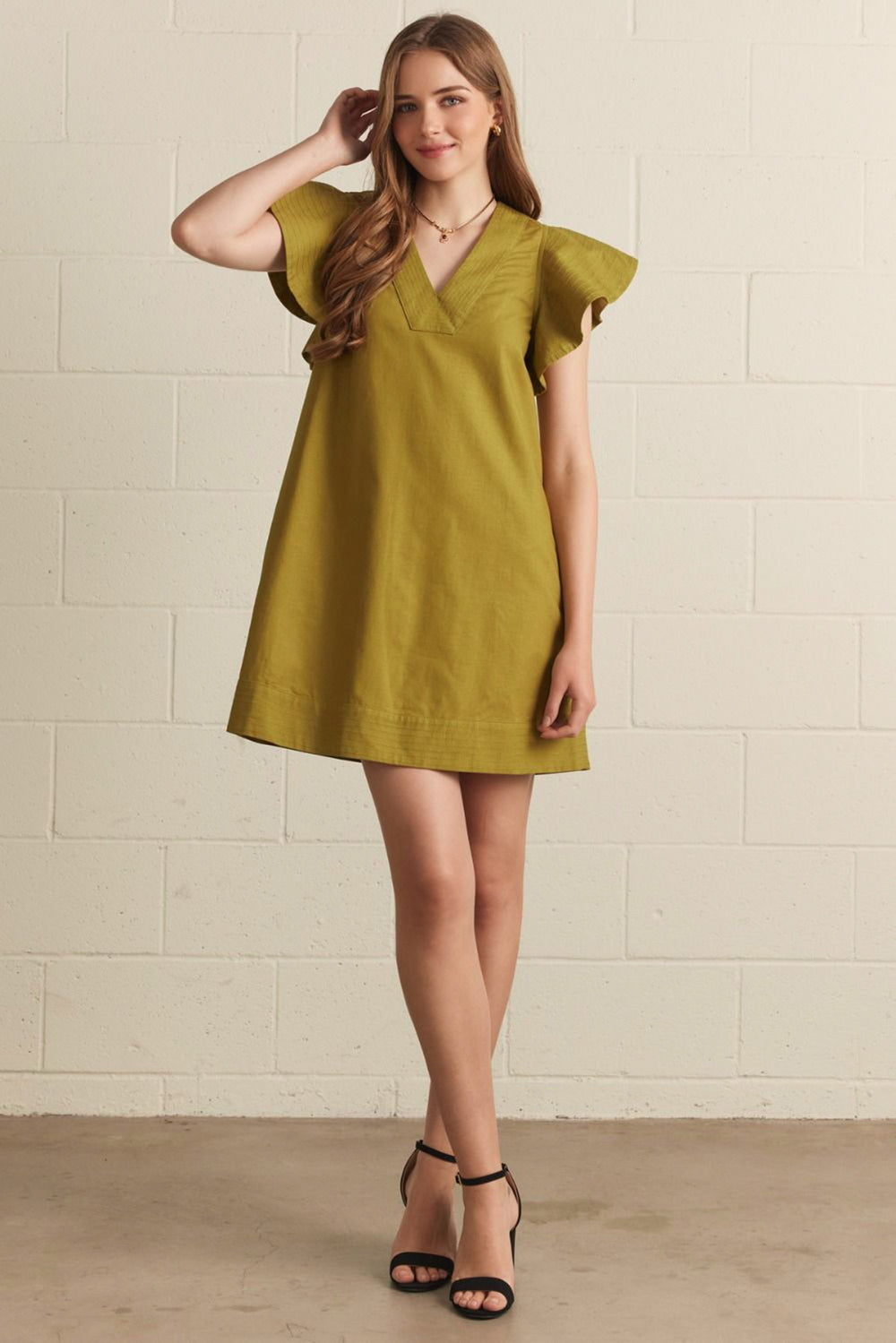 light olive solid short sleeve dress ruffles