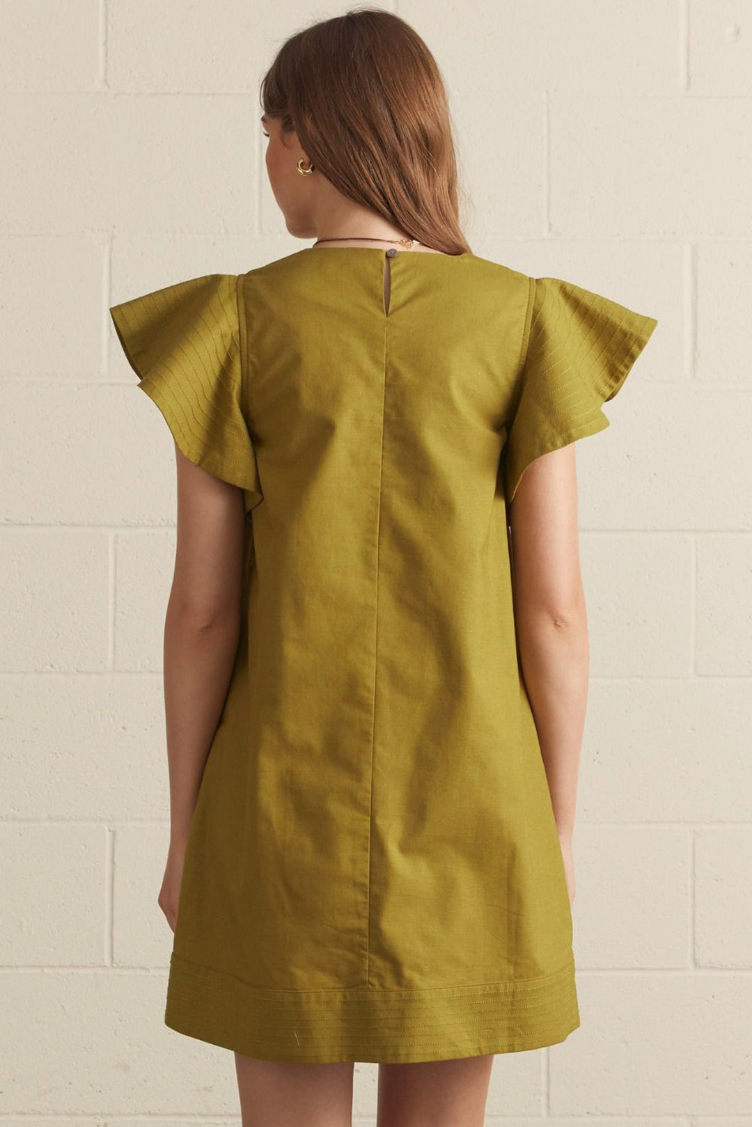 light olive solid short sleeve dress back