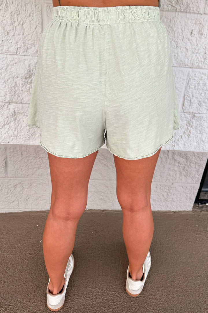 solid light olive reverse seam details top and flowy skort slub knit cotton matching athleisure set