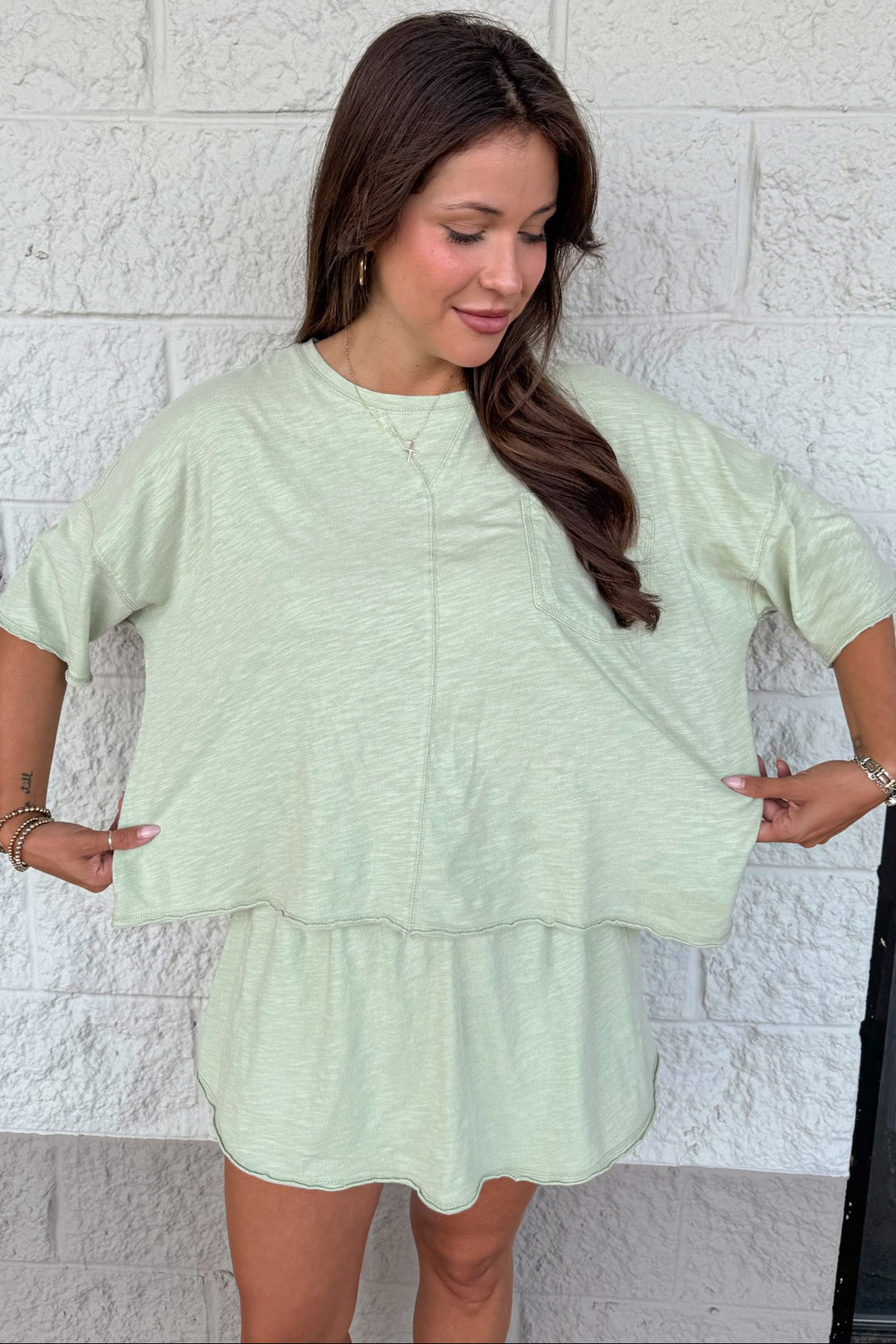 solid light olive relaxed silhouette top and skort slub knit cotton matching athleisure set