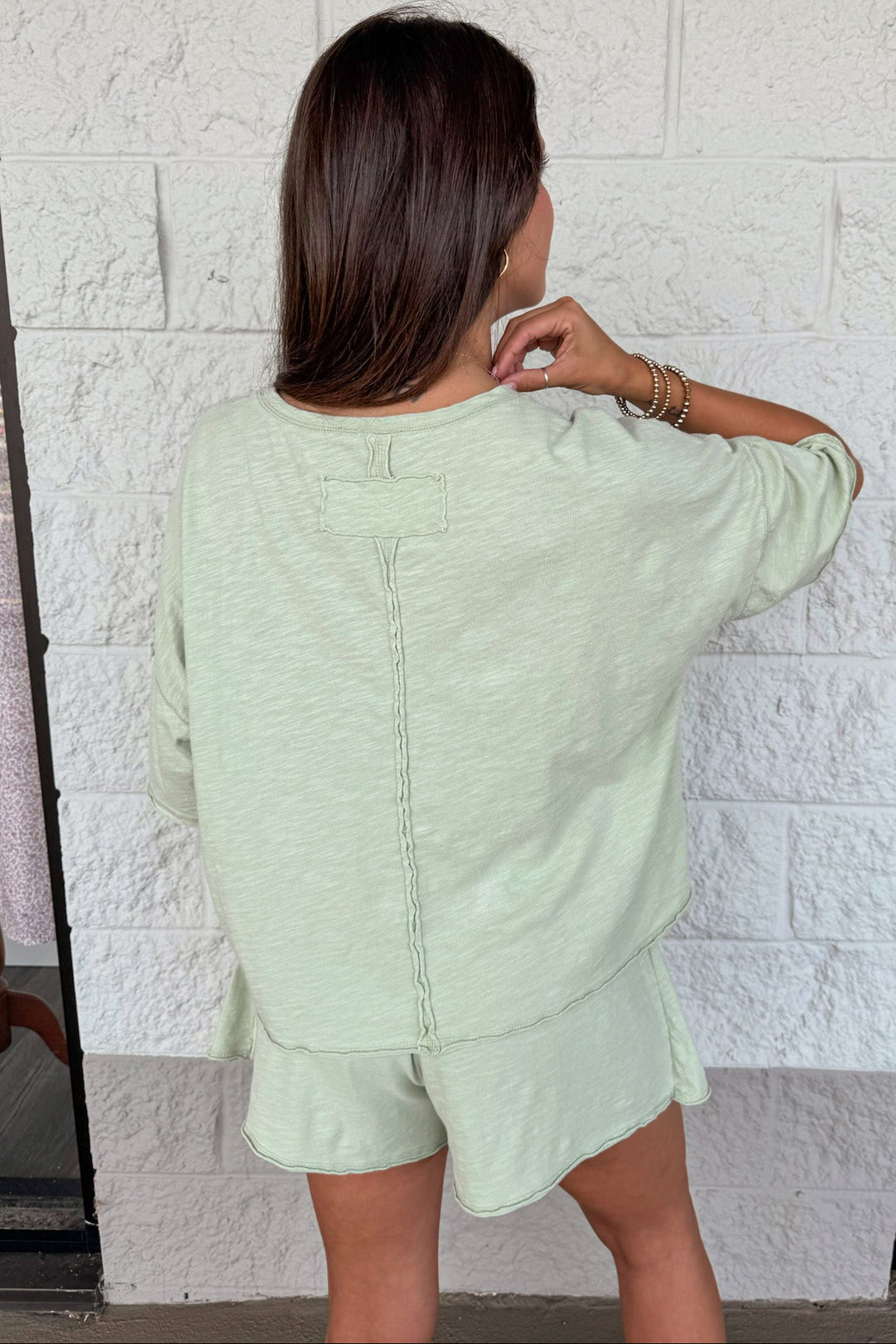 solid light olive crew neckline top and skort slub knit cotton matching athleisure set