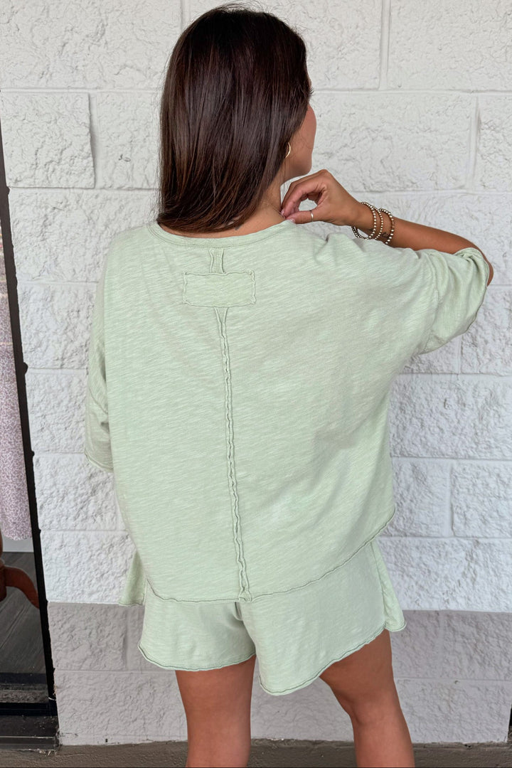 solid light olive crew neckline top and skort slub knit cotton matching athleisure set