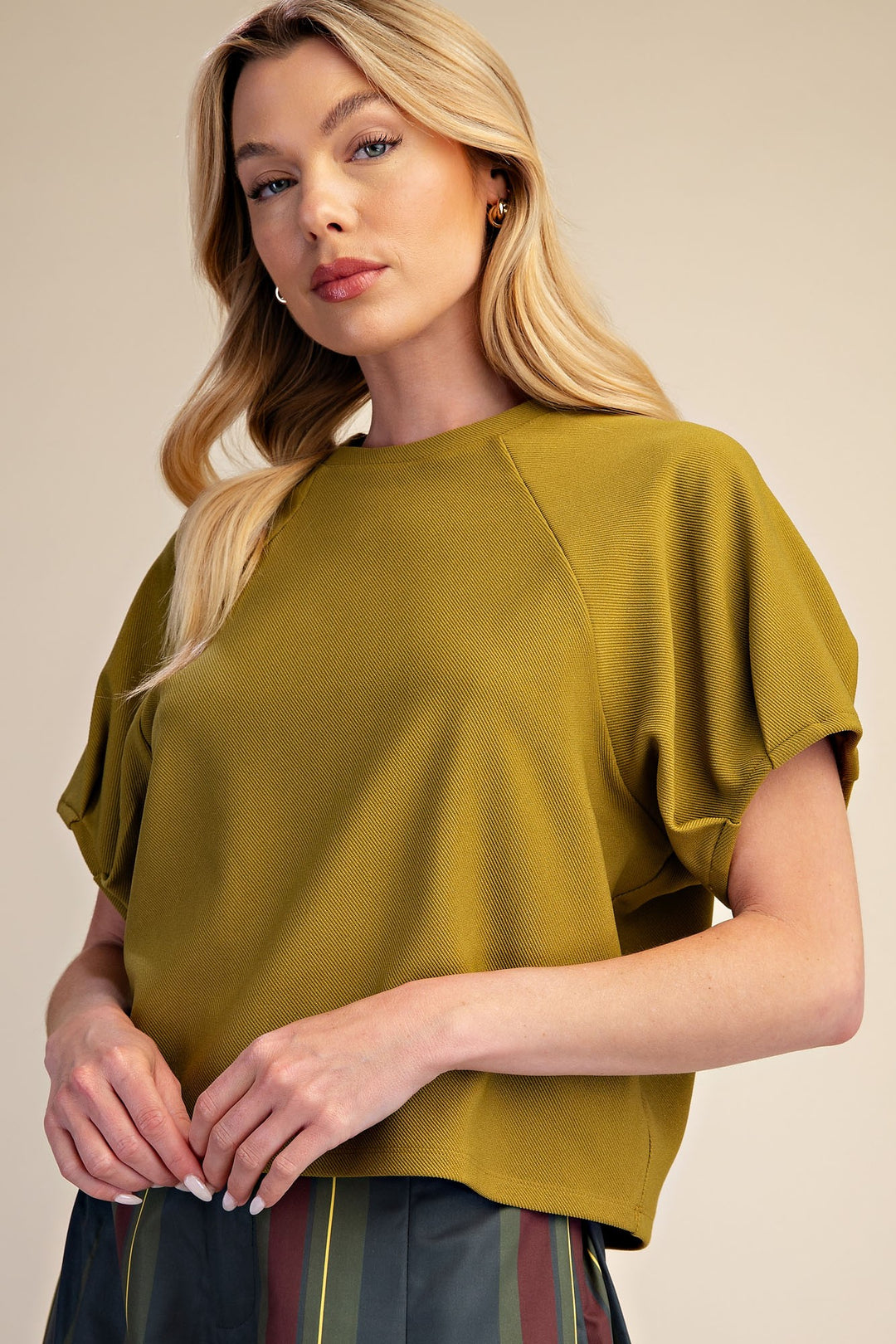 Light olive ribbed knit top with gathered puff sleeves by glam