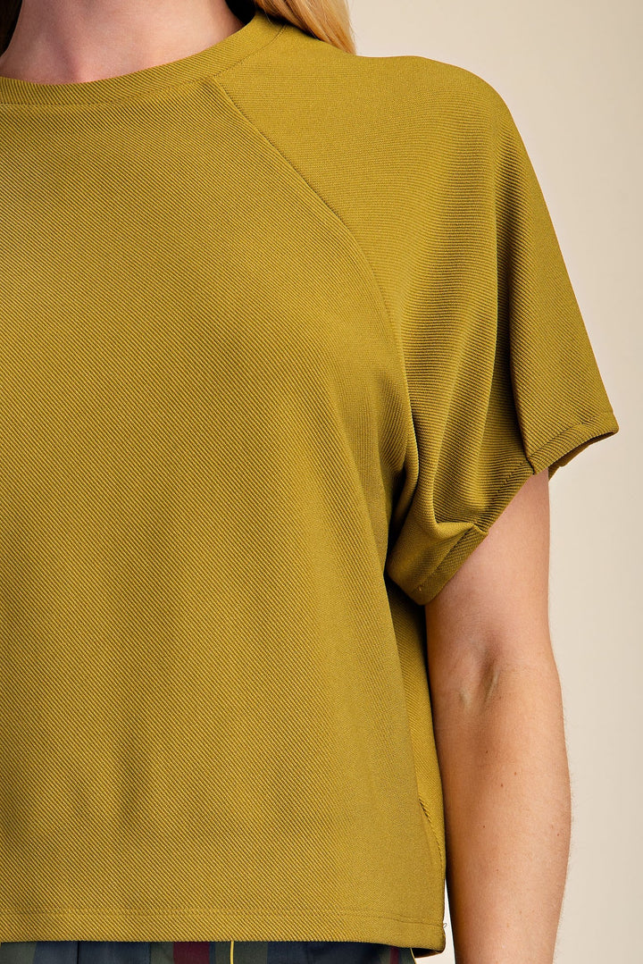 Light olive ribbed knit crew neck top with trendy gathered puff sleeves
