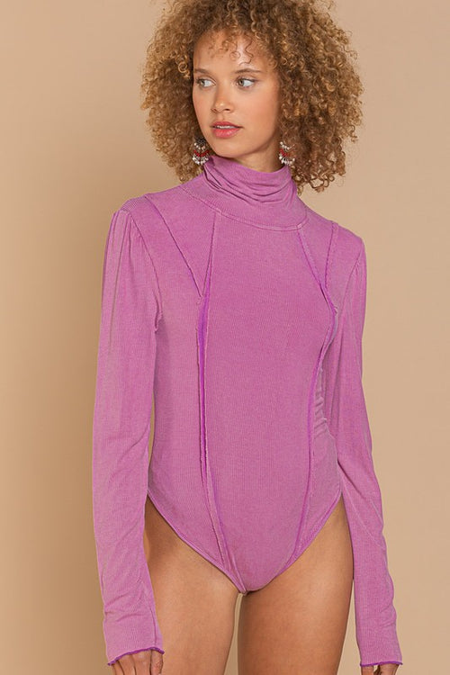 POL Light orchid ribbed turtleneck bodysuit with reverse seam details 