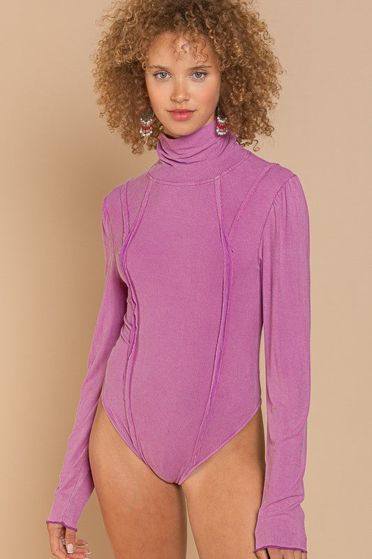 POL Light orchid ribbed turtleneck bodysuit with reverse seam details 