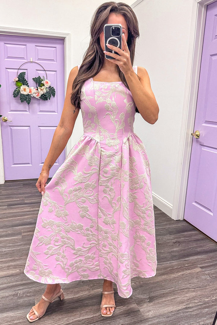 midi jacquard dress Metallic Floral Sleeveless Gown | GownFit and Flare Crafted from a blend of polyester Goddiva Jacquard Sleeveless A-line Midi
