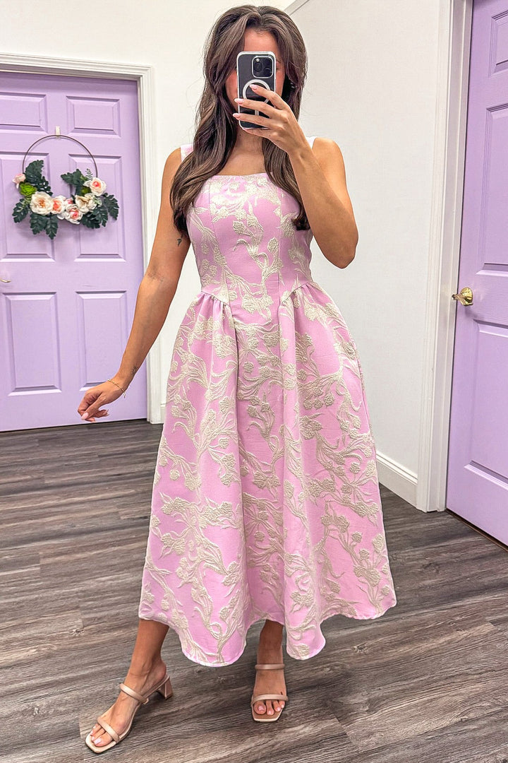 Formal Wedding Attire Pink Jacquard Midi Dress Small