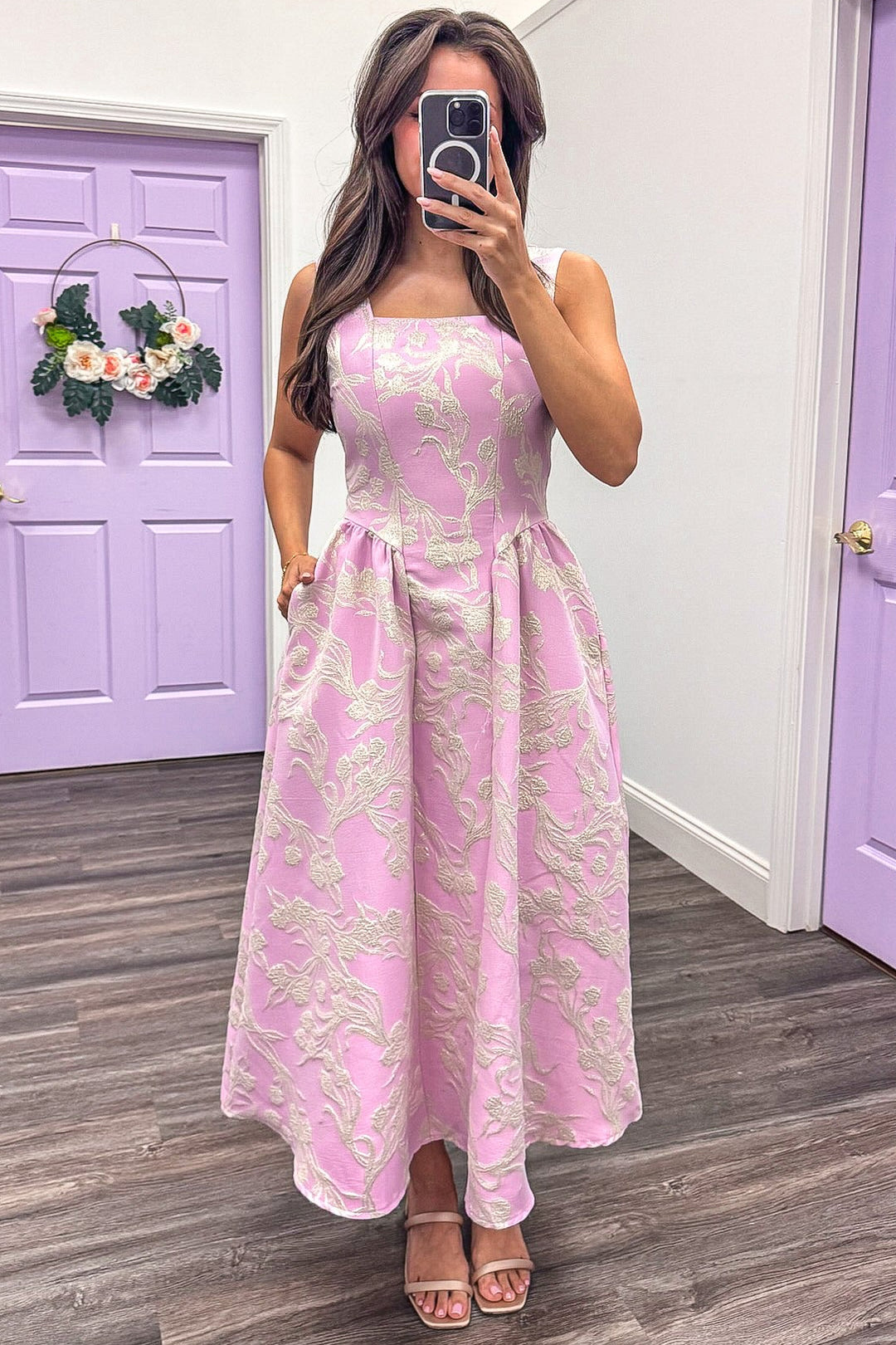 light pink midi dress Garden Dress, in Luxe Satin | Show Me Your Mumu Great for any cup size Formal Wedding Attire Pink Jacquard