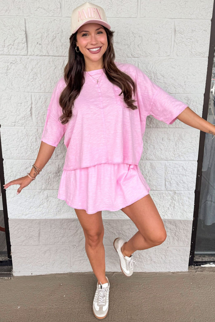 solid light pink top and skort lightweight slub knit matching cotton athleisure set
