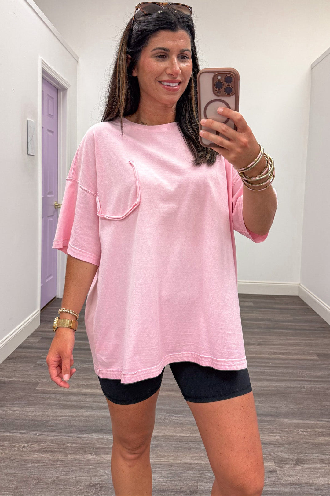 mineral washed light pink reverse seams drop shoulder short sleeve oversized fit tee