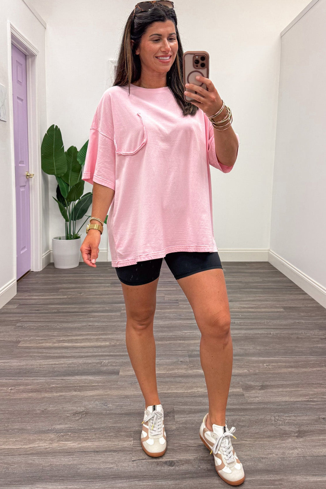 mineral washed light pink reverse seams drop shoulder short sleeve oversized fit cotton tee