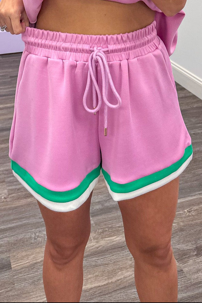 green and white lined scuba knit pink shorts elastic waistband drawstring