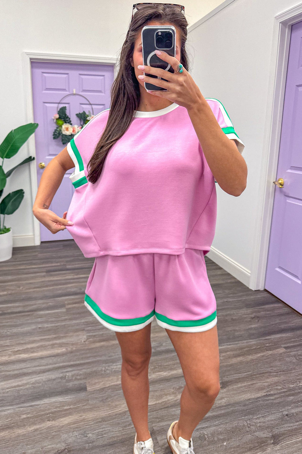 green and white lined short sleeve scuba knit light pink athleisure top