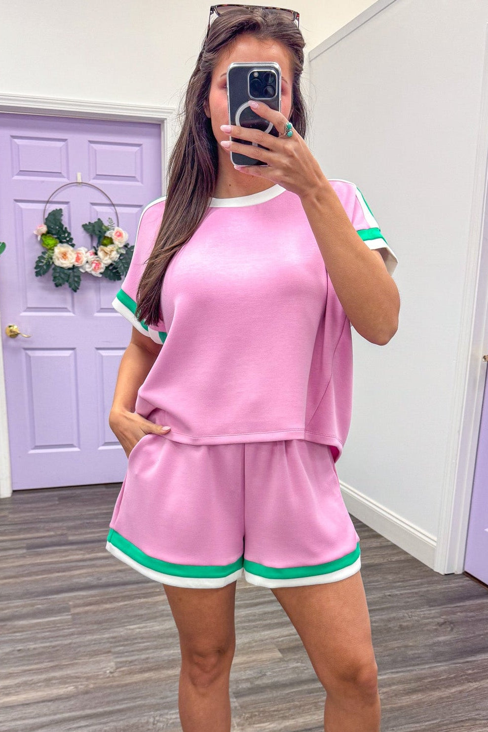 green and white lined short sleeve scuba knit crew neckline pink top