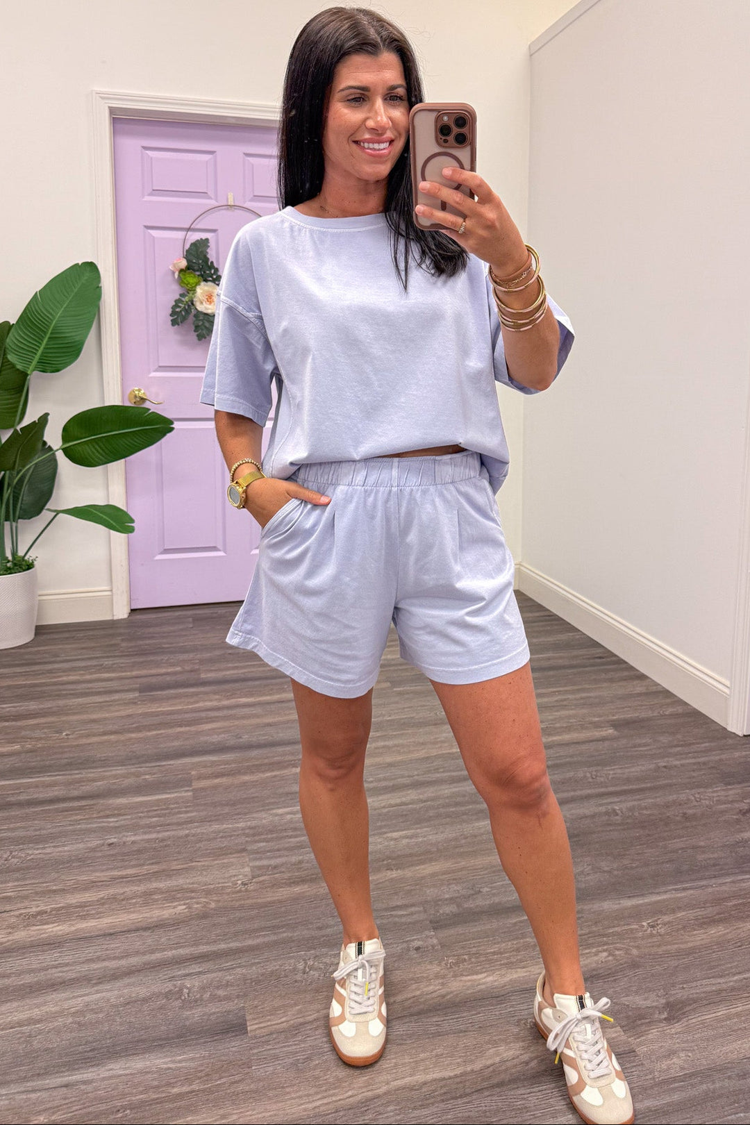 washed lavender elastic waist casual knit shorts