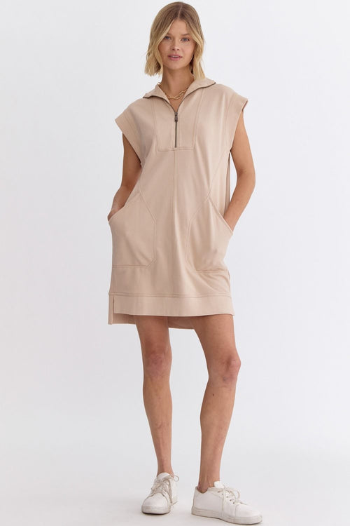 Entro Mineral washed light taupe half zip terry knit short sleeve sweatshirt dress
