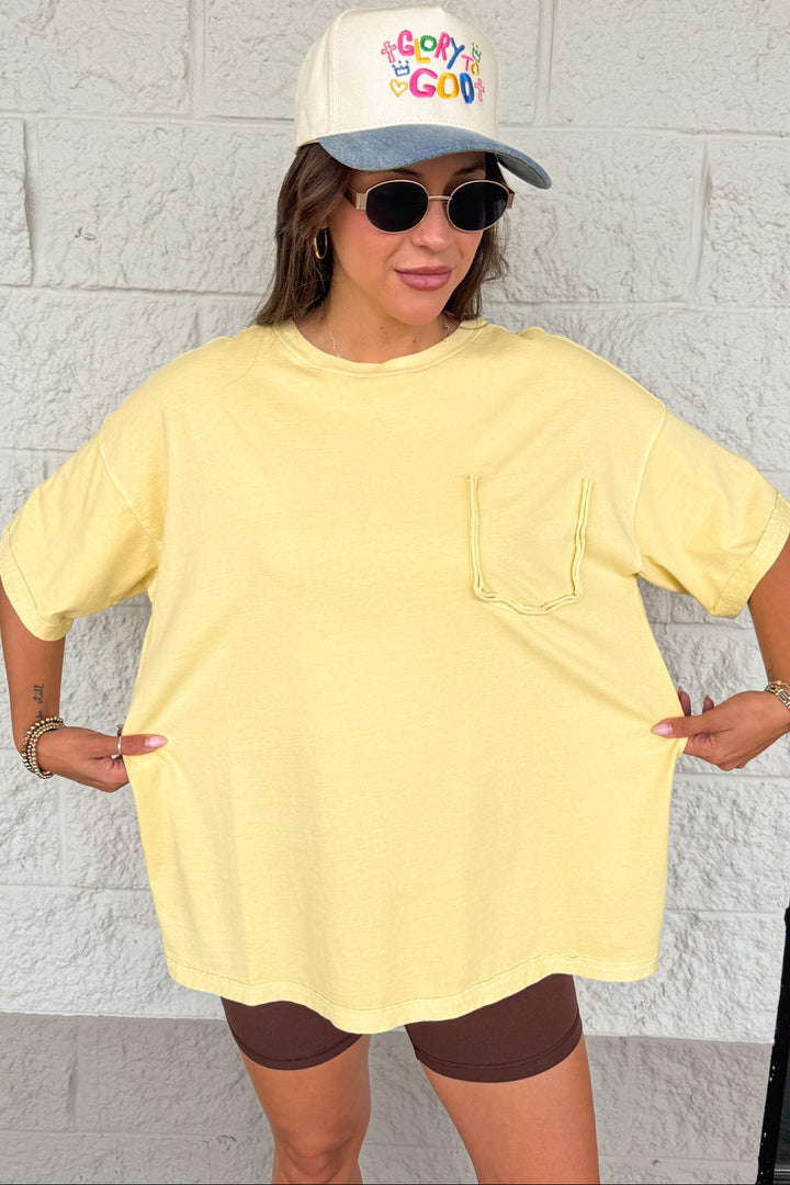 mineral washed light canary yellow reverse seam details oversized fit tee