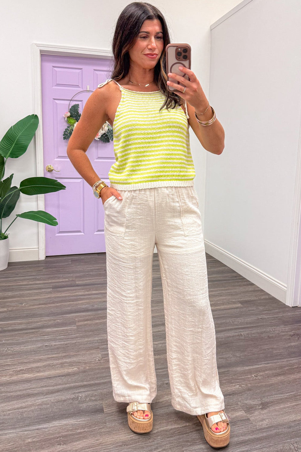 lime and cream horizontal striped lightweight knit spaghetti strap tank top