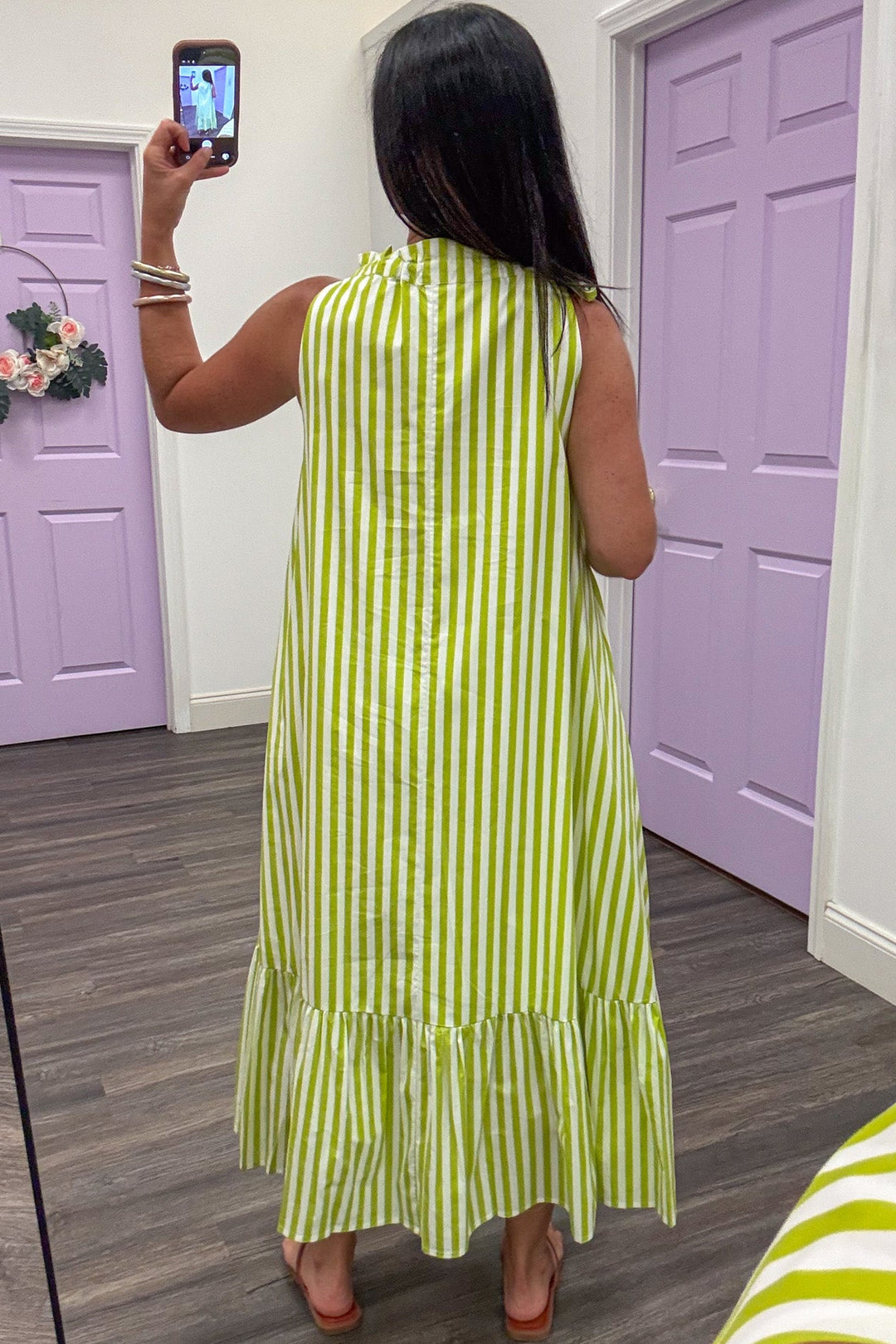 lime green and cream striped cinch mock neck sleeveless cotton poplin midi dress