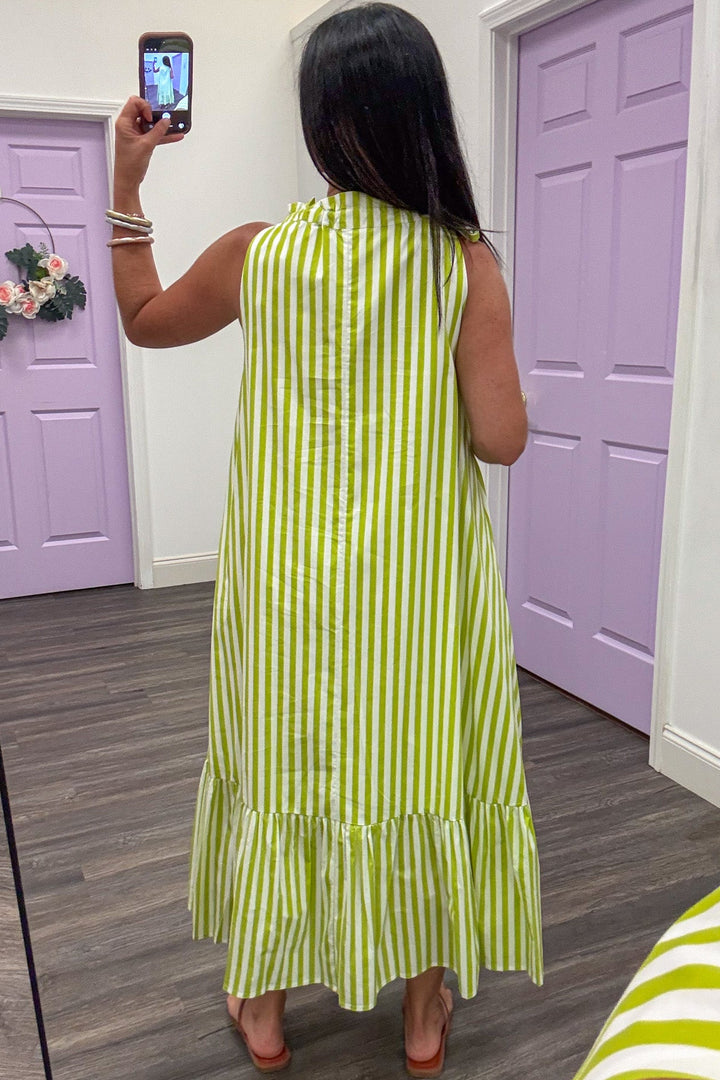 lime green and cream striped cinch mock neck sleeveless cotton poplin midi dress