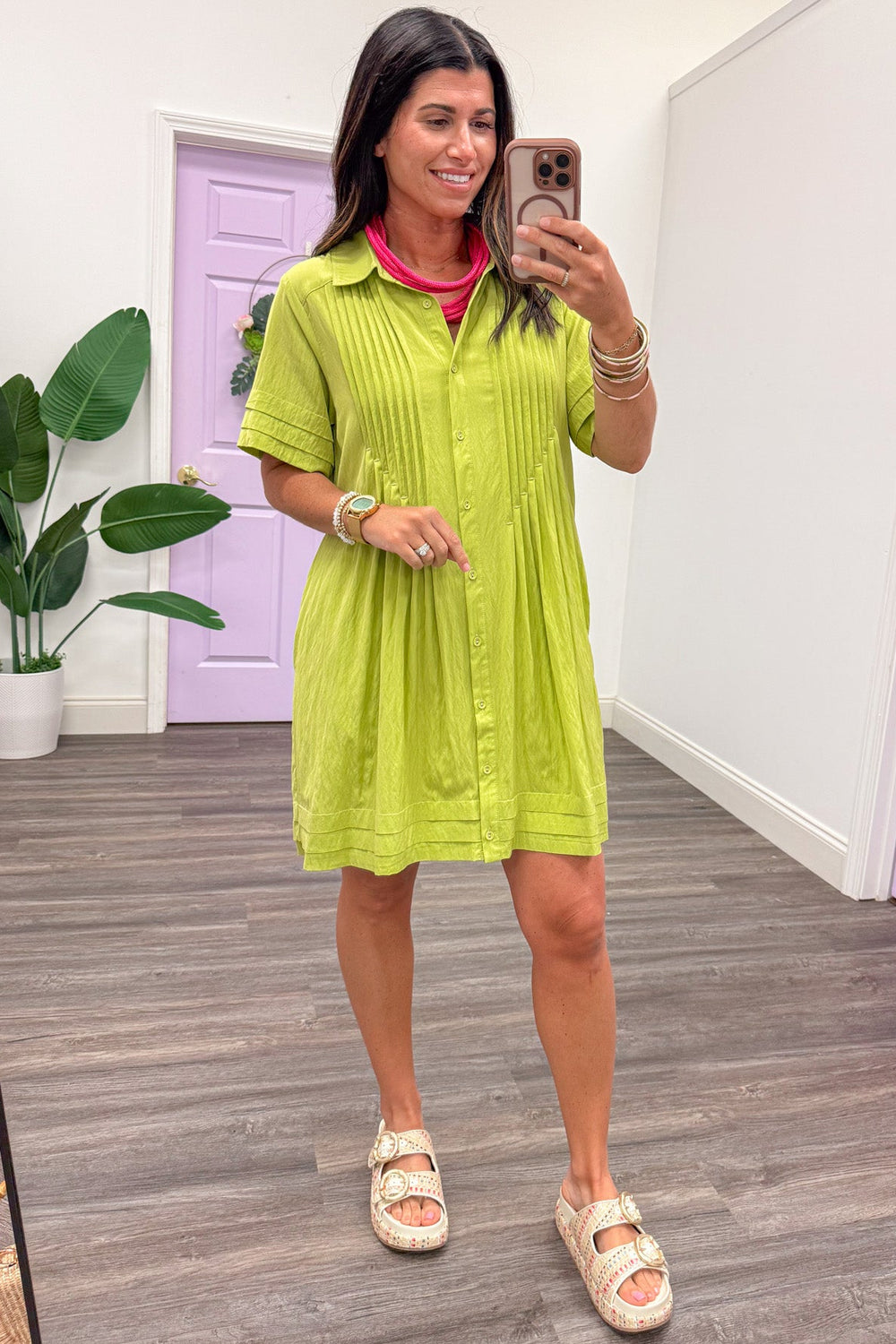 chartreuse lime green button down pintuck detail short sleeve dress