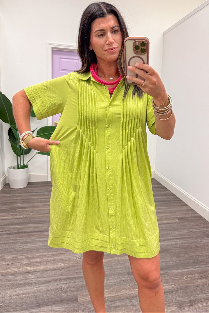 chartreuse lime green button front relaxed silhouette short dress