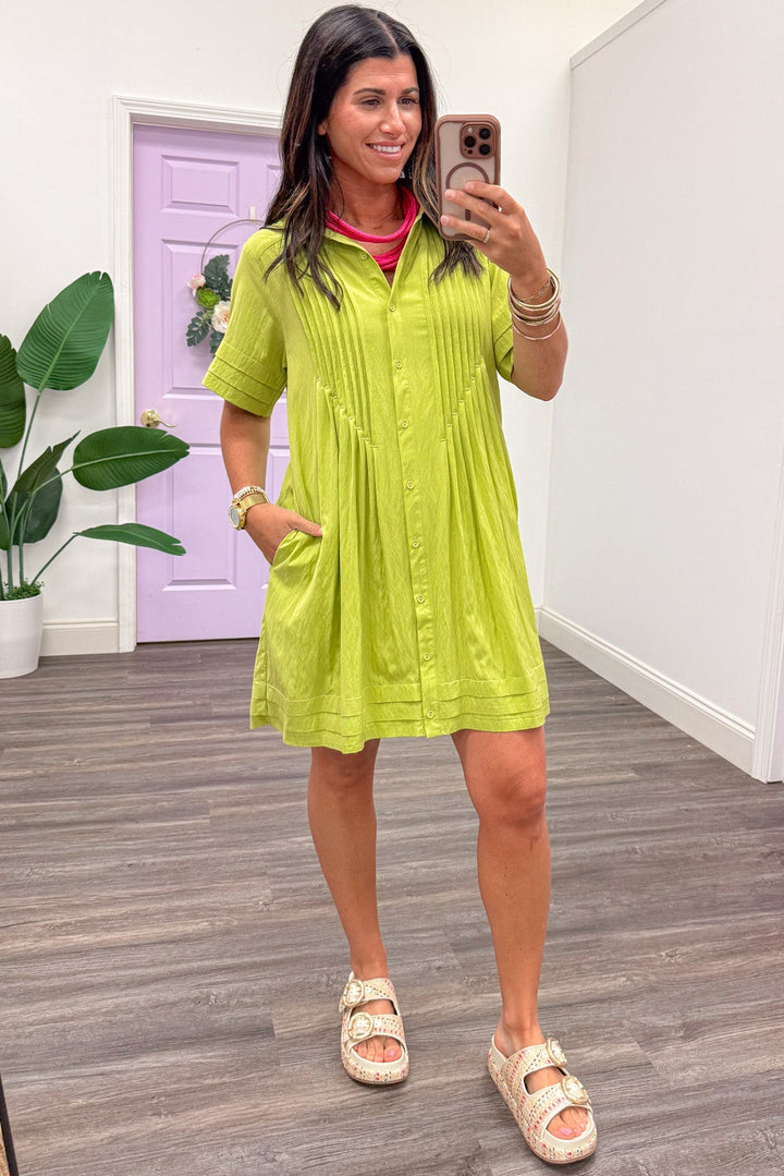 chartreuse lime green button down pintuck detail short dress