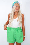 Lime green denim paper bag shorts