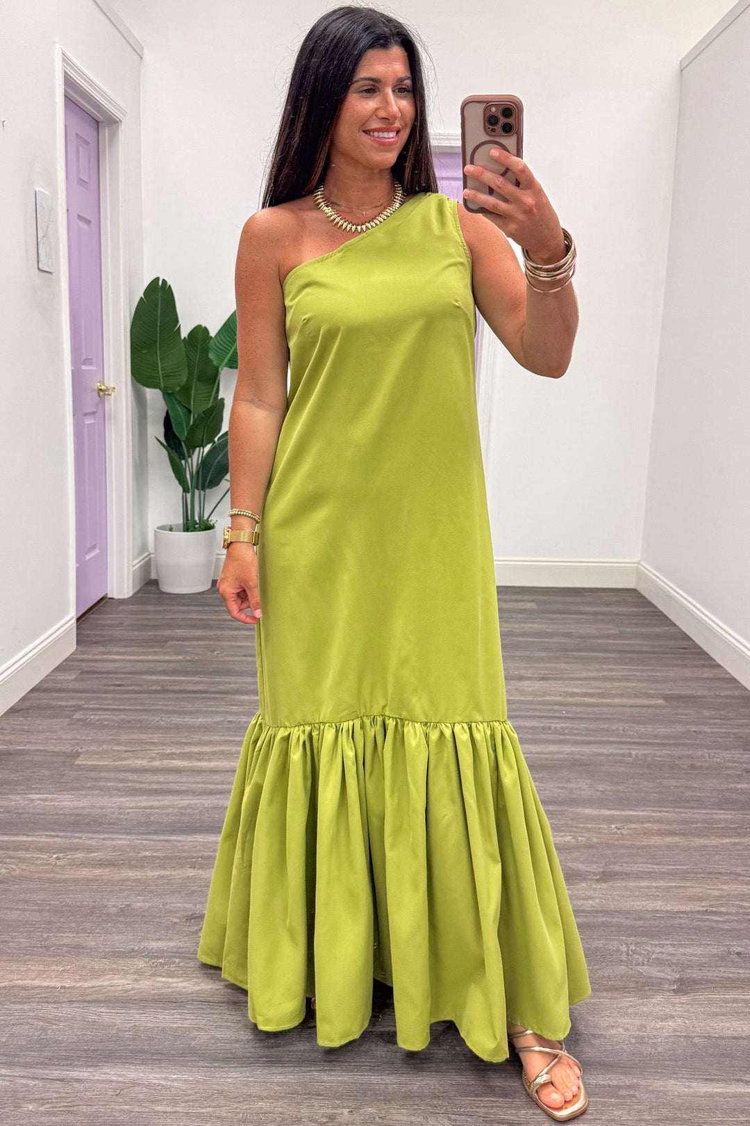 Lime Green One Shoulder Maxi Dress With Mermaid Ruffled Hem Small