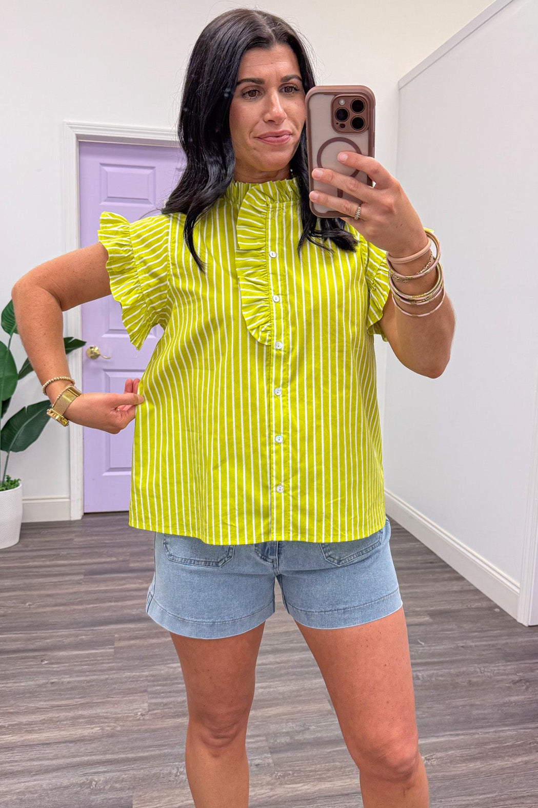 lime green and cream vertical striped button down ruffle trim cotton top