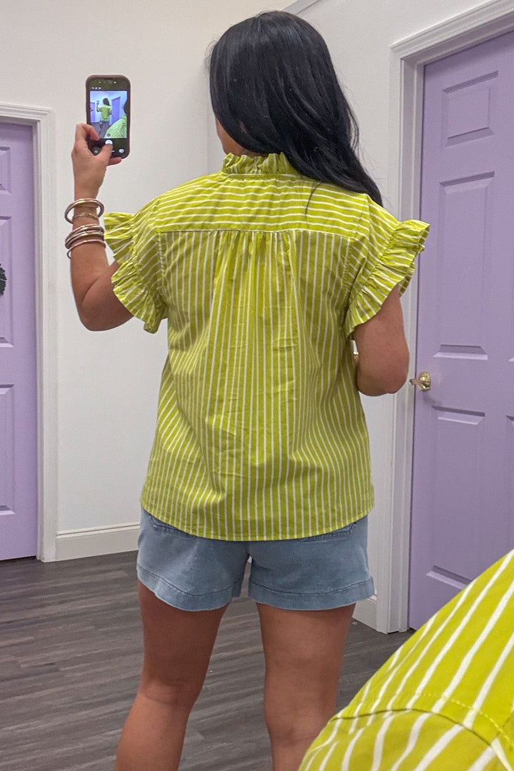 lime green and cream striped button front ruffle trim top back tiered detail