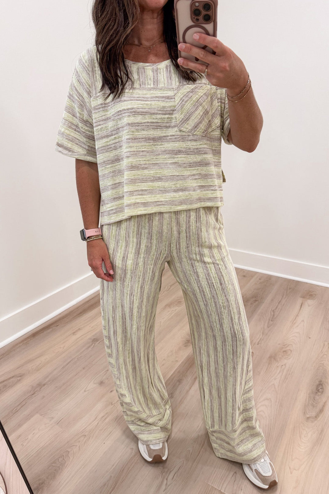 lime green and mocha striped top and pants matching lightweight knit loungewear set
