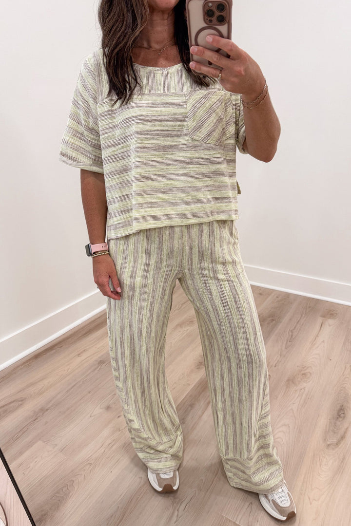 lime green and mocha striped top and pants matching lightweight knit loungewear set