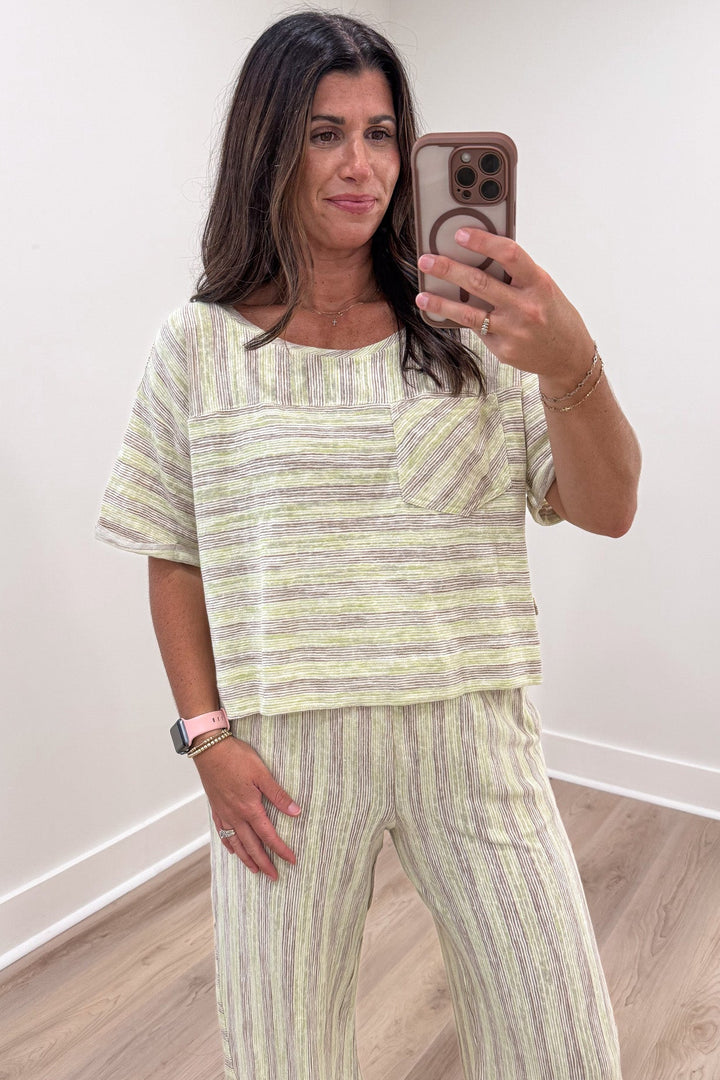 lime green and mocha striped front pocket top and pants matching knit loungewear set