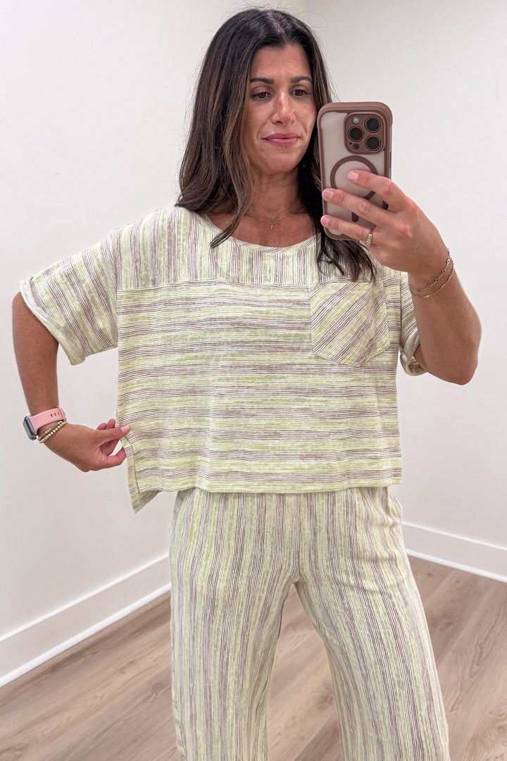 lime green and mocha striped relaxed fit top and pants matching knit loungewear set