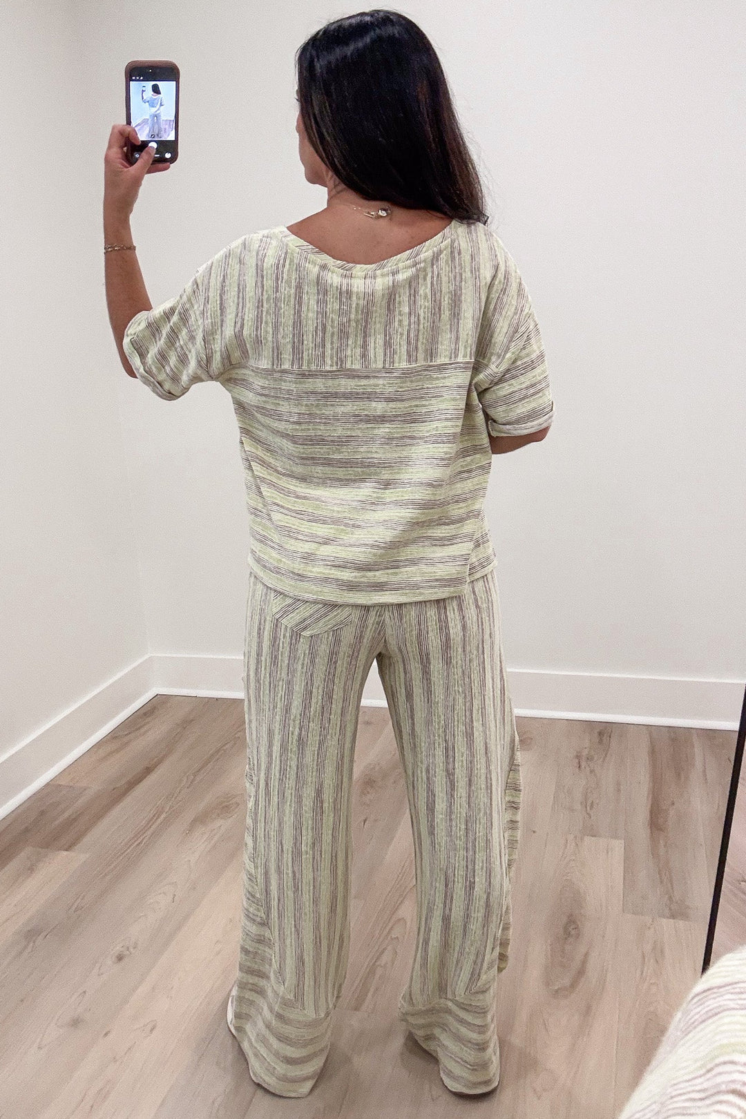lime green and mocha striped top and wide leg pants matching knit loungewear set