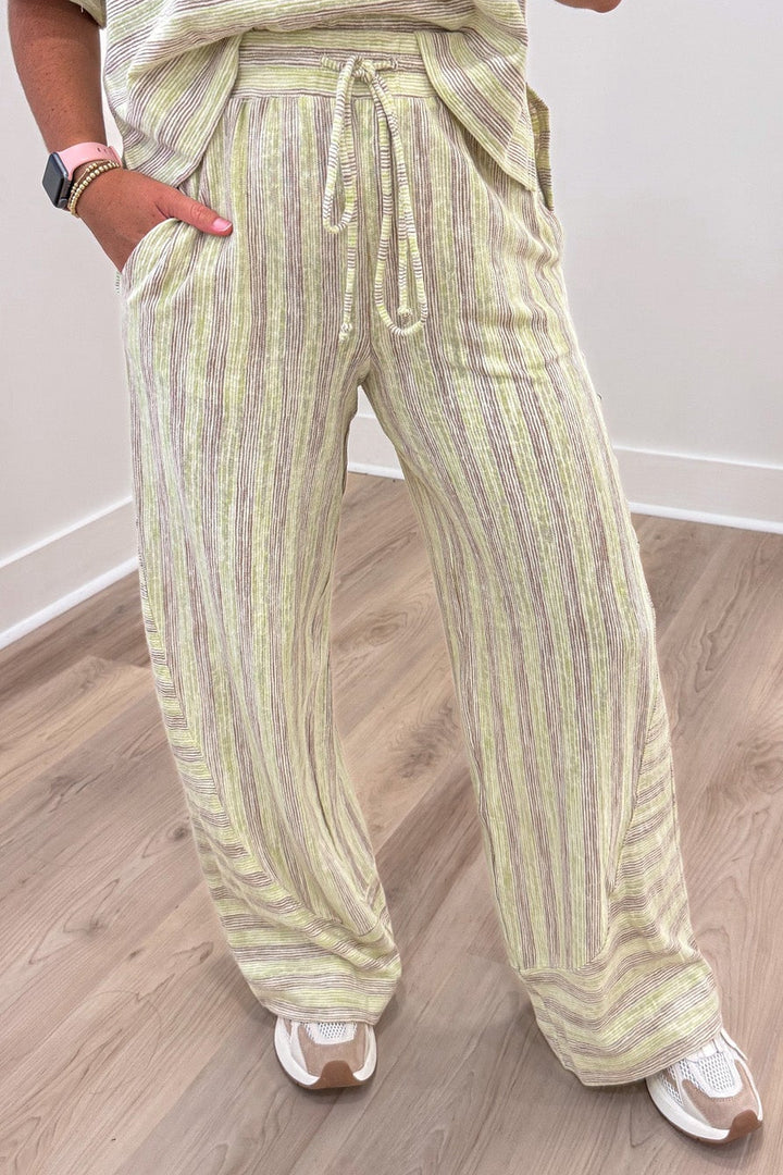 lime green and mocha striped top and drawstring pants matching knit loungewear set