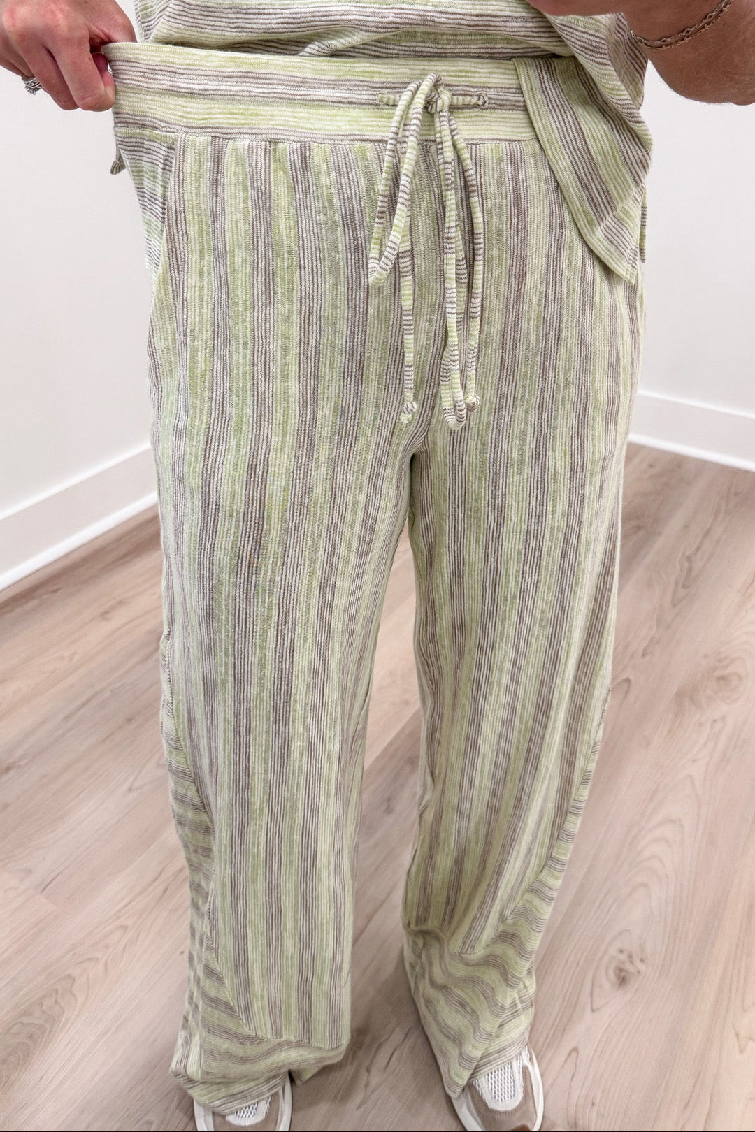 lime green and mocha striped top and elastic waistband pants matching knit loungewear set