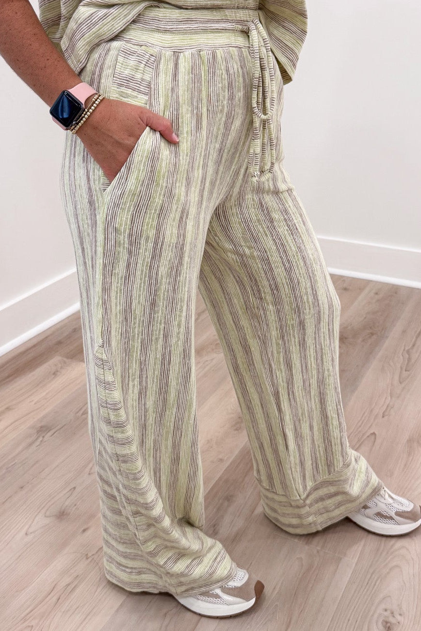 lime green and mocha striped top and front pocket pants matching knit loungewear set