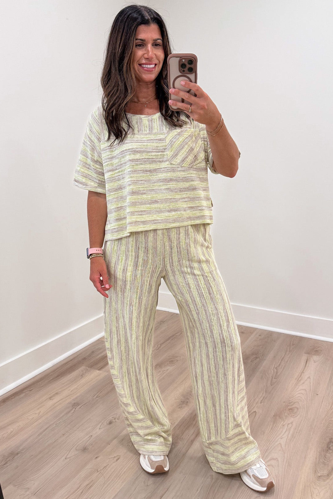 lime green and mocha striped top and pants matching knit loungewear set
