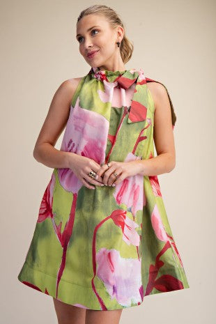Lime and pink floral print mini dress with adjustable drawstring bow tie neck by Glam
