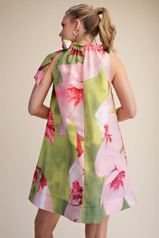 Lime and pink floral print mini dress with adjustable drawstring bow tie neck by Glam in a flowy silhouette