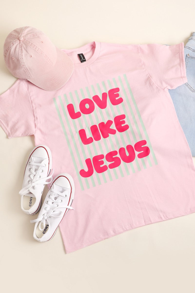 love like Jesus striped graphic tee light pink