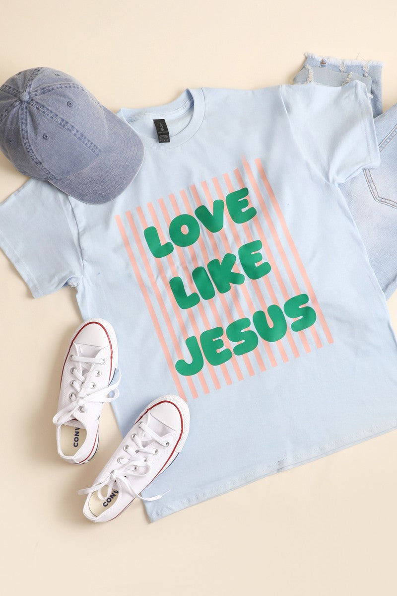 love like jesus blue striped graphic tee with green print