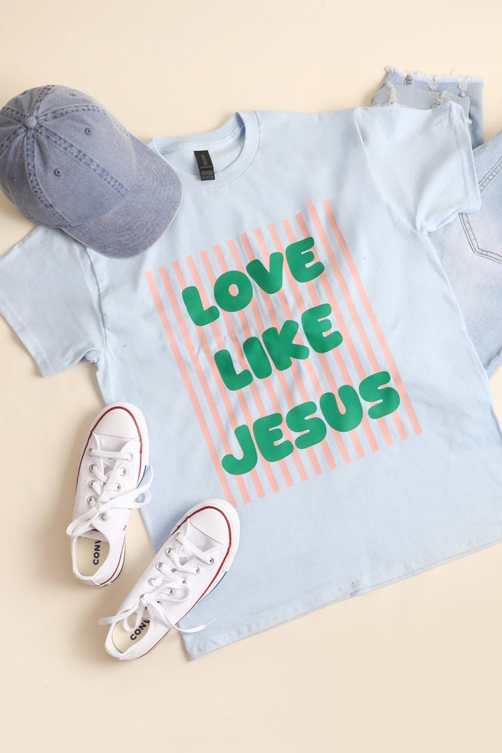 love like jesus blue striped graphic tee with green print